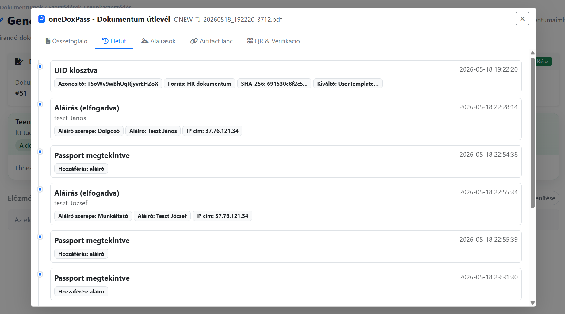 oneDoxPass document passport — lifecycle audit timeline screenshot